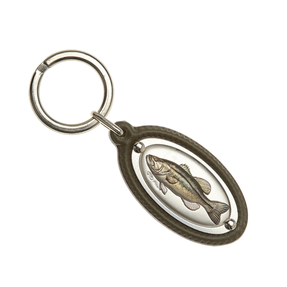 LEATHER KEY RING WITH PERCH TROUT IN SILVER