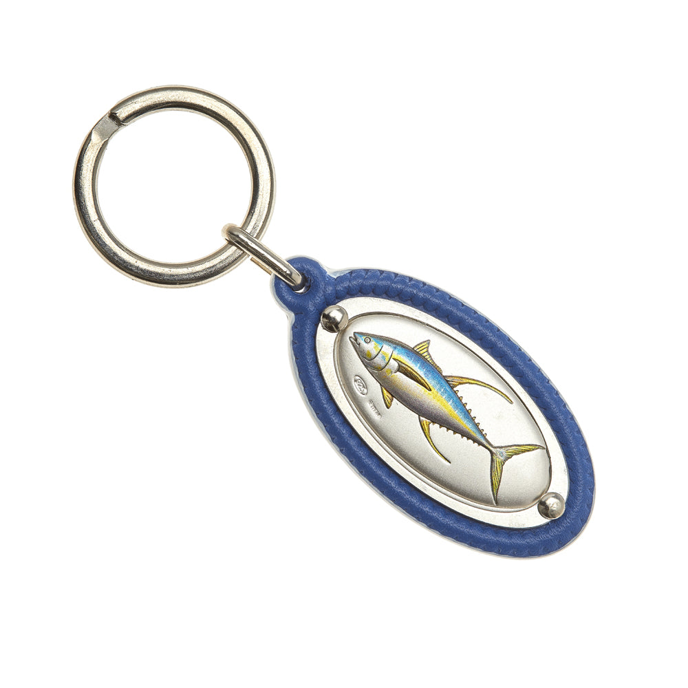 LEATHER KEY RING WITH YELLOW FIN TUNA IN SILVER