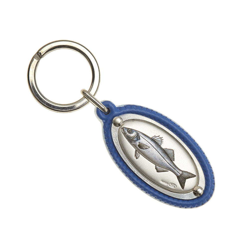 LEATHER KEY RING WITH SEA BASS IN SILVER