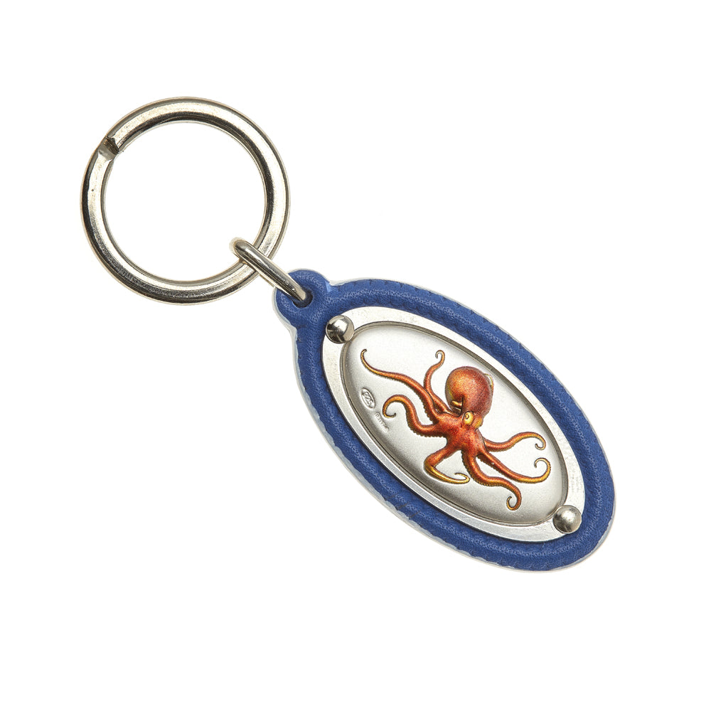 LEATHER KEY RING WITH OCTOPUS IN SILVER